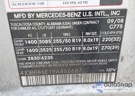 2009 Mercedes-Benz Ml 350 4Matic from USA, damaged, VIN 4JGBB86E19A466687